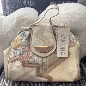 90’s Chic Sakura Floral Cream and Tan Shoulder Bag